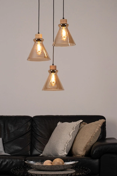 Serena Pendant Lamp 3xE27 Max.60W Oiled Oak/Black PVC Cable/Brown Glass 9743374