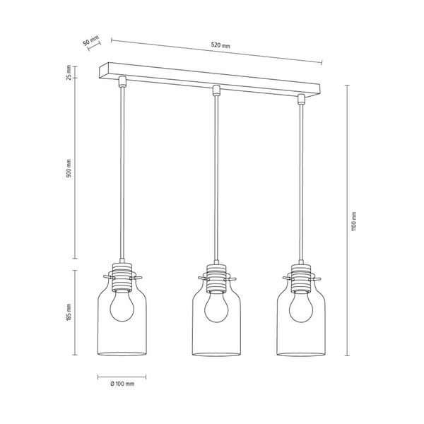 Alessandro Pendant Lamp 3xE27 Max.60W Walnut Beech Wood/Black Metal/Black PVC Cable/Transparent Glass 1030421520867