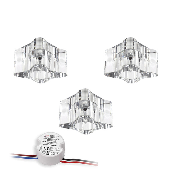 Cristaldream Set of Downlights Incl.3xG4 LED 2,3W with power adapter Chrome Metal/Transparent Glass